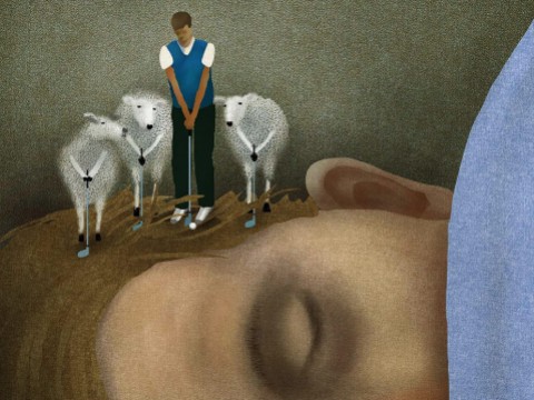 Illustration of a man sleeping as an alter ego surrounded by sheep practices his golf swing